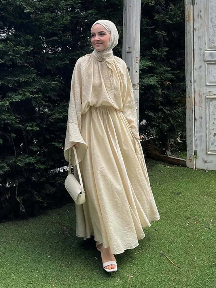 

Women Two Piece Set Strap Collar Bow Top Shirt Pleated Skirt Flared Sleeve Lace Up Loose Blouse Large Hem Beach Long Skirts Suit