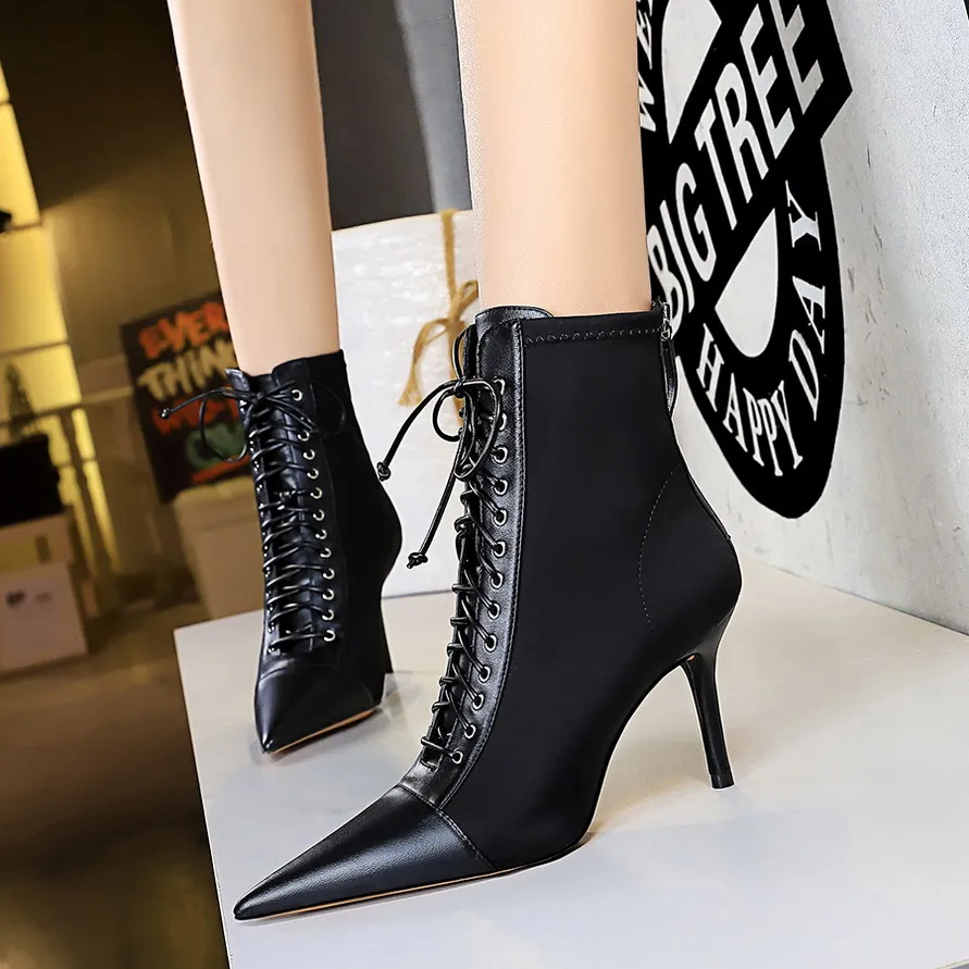 BIGTREE Shoes Cross Straps Sexy Women Boots Pointed Toe Stiletto High-heel Boots 2022 New Women's Ankle Boots Plus Size 42 43