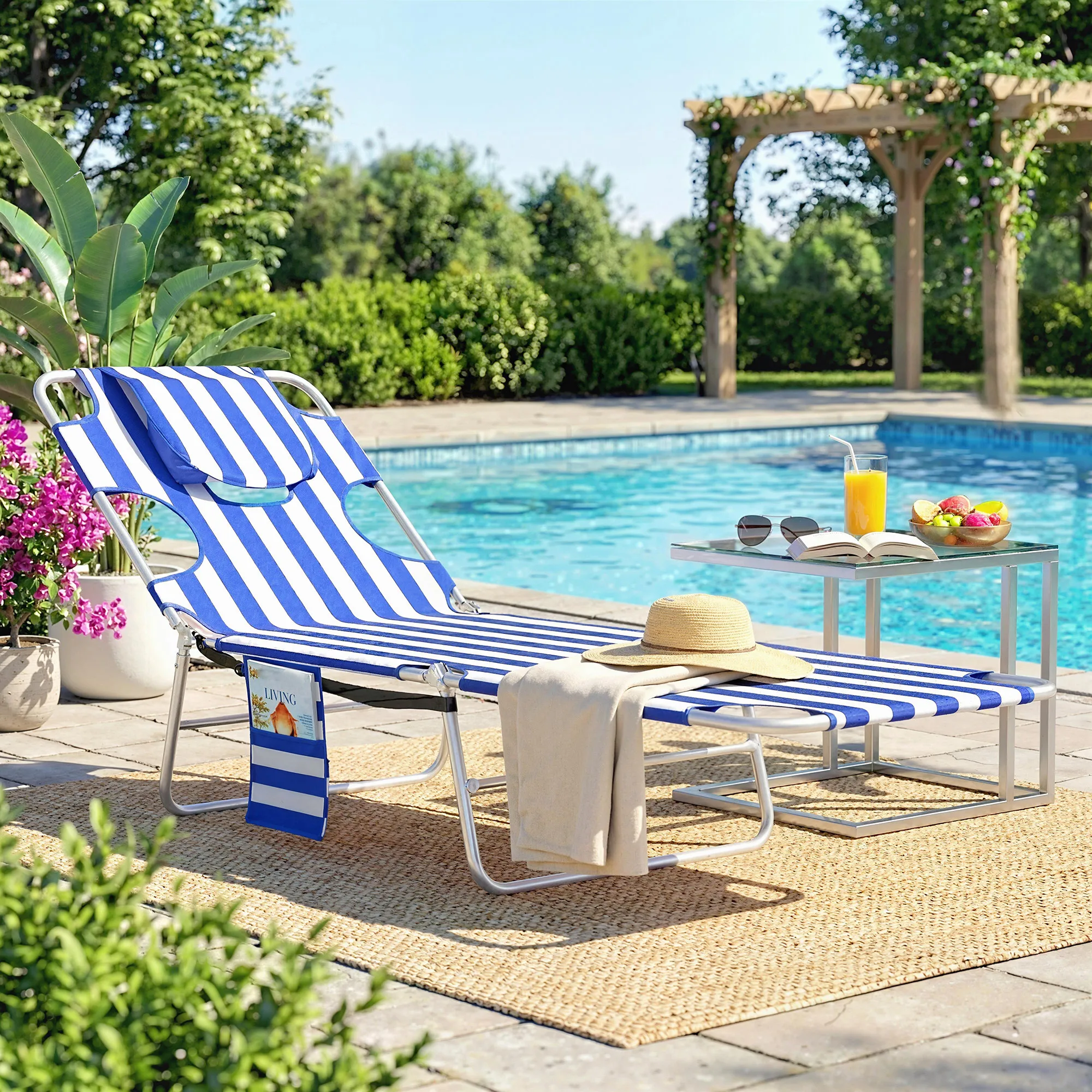 Outsunny Folding Outdoor Lounge W/ Face Hole, 5-Level Recline, Blue Stripe