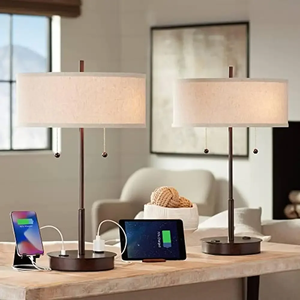 Modern Metal Table Lamps Set USB AC Outlet Nikola Fabric Drum 23.5