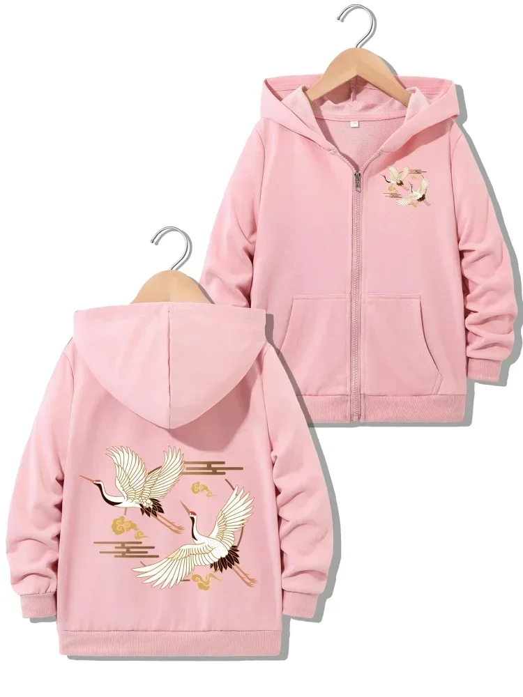 Elegant Vintage Golden Cloud Red Crane Dual Print Kids Grey Zip Hoodie Pocket Design Comfort Casual Children Oriental Jacket