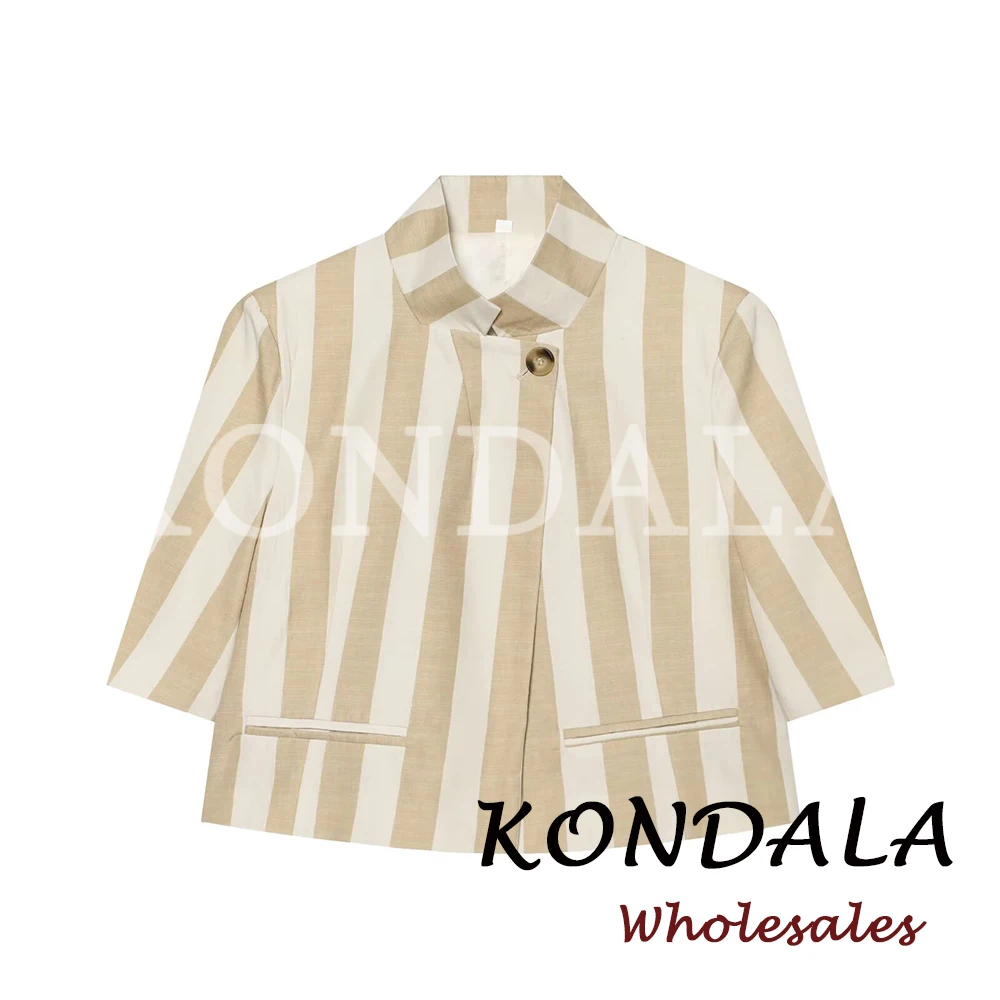 

KONDALA Chic Fashion 2026 Khaki Office Lady Women Blazer Elegant Modern Striped Short Blazers Streetwear Luxurious Summer Jacket