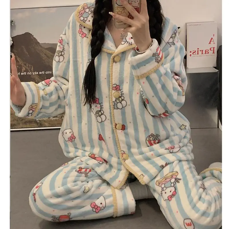 

Sanrio Girl фланелевой кардиган с длинными рукавами, сохраняющий тепло, пижамный комплект Kawaii Hello Kitty, комикс, студенческая утолщенная одежда для отдыха на выходе