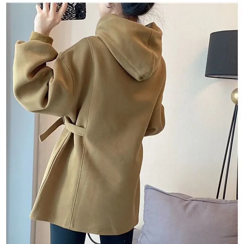 Thickened Hooded Sweatshirt with Added Fleece Mid to Long Length Short Skirt Women\'s Design Sense Loose Top New European Trend