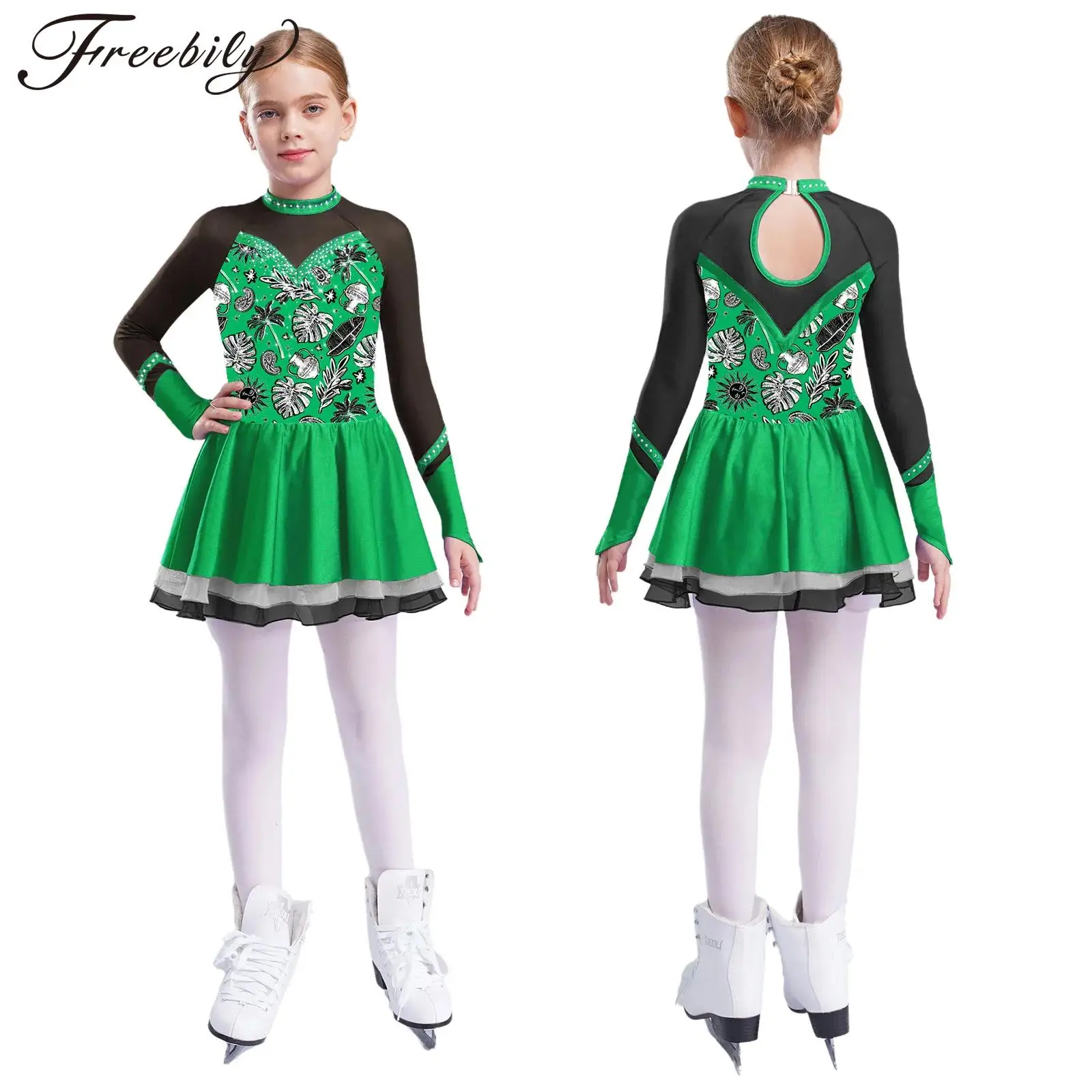 Kids Girls Figure Skating Dance Dress Ballet Rhythmic Gymnastics Performance Dancewear Rhinestones Sheer Mesh Print Tutu Leotard