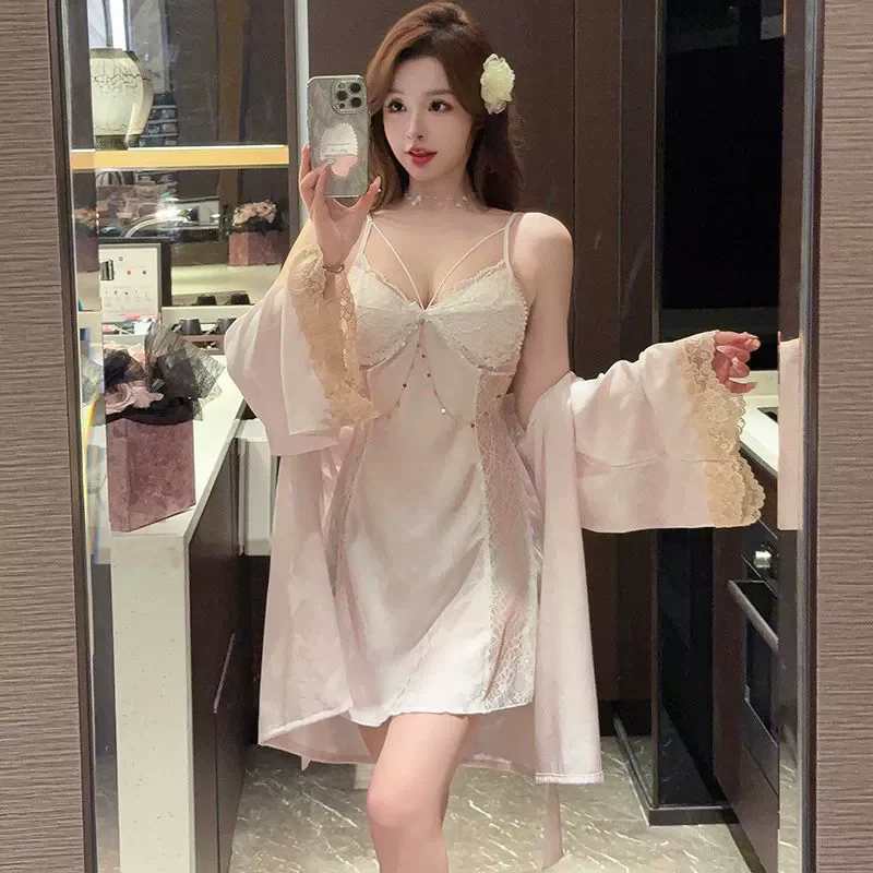 

2025 New Pink Robe Set Lady Sexy Bathrobe Gown Backless Lingerie Nightdress Women Satin Home Wear Summer Nightgown Loungewear