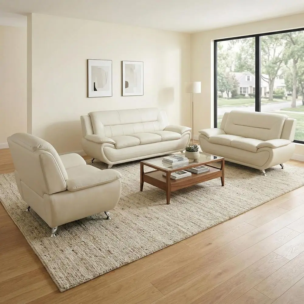 

Элегантный кремово-белый кожаный комплект из 3-х предметов: диван с глубокими сиденьями для ярких гостиных