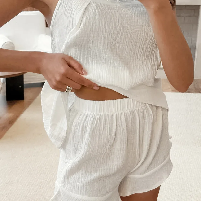 Women's Pajama Set 2025 Cotton Pajamas Lace Suspender Ruffle Shorts 2-piece Set Loungewear Women Sleepwear for Sleeping