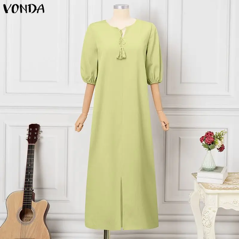

VONDA Women Plus Size Dresses Summer Half Sleeve Loose Solid Color Long Maxi Dress Streetwear Party OL Work V Neck Vestidos