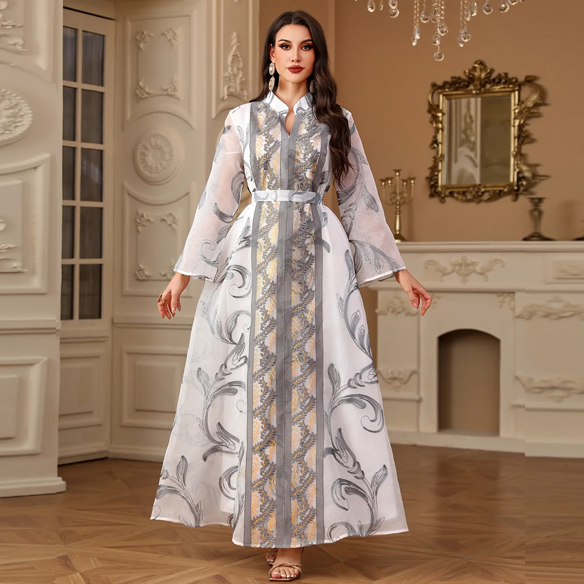 Abaya Islamic Fashion Solid Color Embroidery Maxi Dresses Long Sleeve Stand Collar Neck Belted Clothing Moroccan Kaftan Women