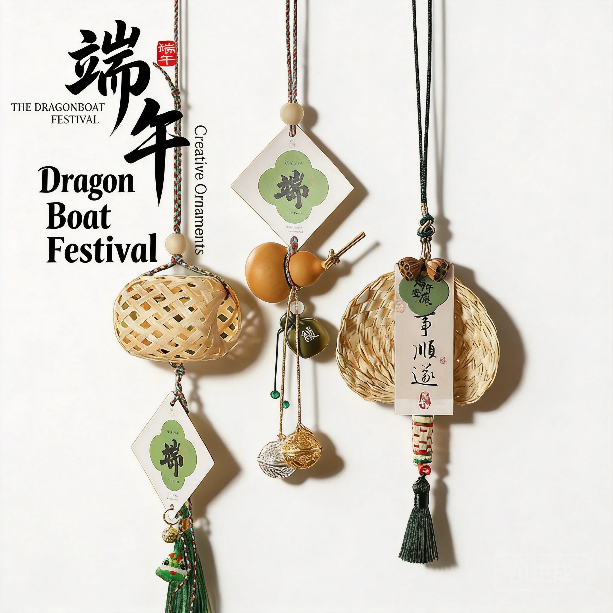 Colgante de bambú tejido a mano con saquito de artemisia y calabaza de la suerte, para el Festival del Bote del Dragón, para colgar en el coche y decoración del hogar, amuleto auspicioso