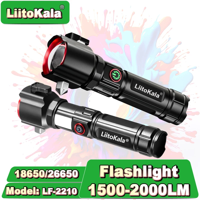 

30W LiitoKala White Laser Tactical Flashlight with Safety Hammer, 5 Modes Zoomable, COB Side Light, USB Rechargeable, Waterproof