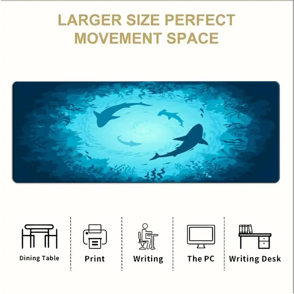 Ocean Shark Silhouette Large Mouse Pad Underwater World Desk Mat Non Slip Rubber Base  Mousepad Sea Creature Keyboard Desk Pad