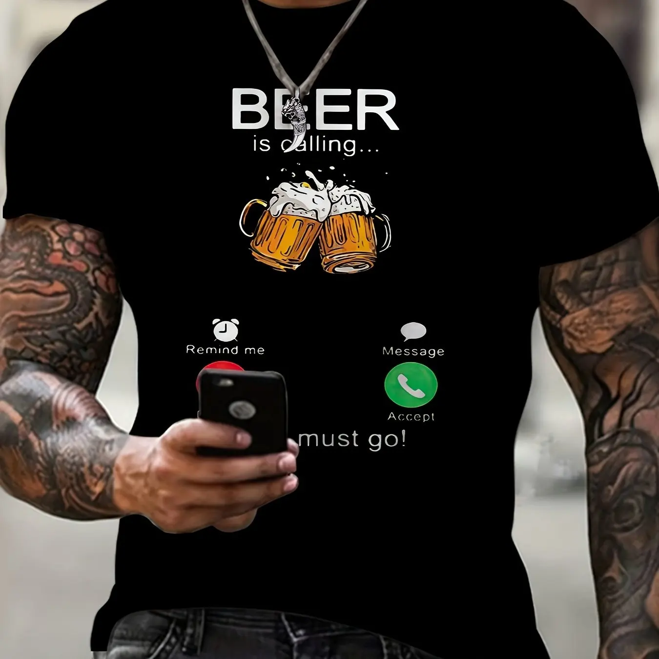 

Beer is Calling Graphic T-Shirt Men's 100% Cotton Casual Tee Fun Drinking Design Perfect for Beer Lovers Black Shirt