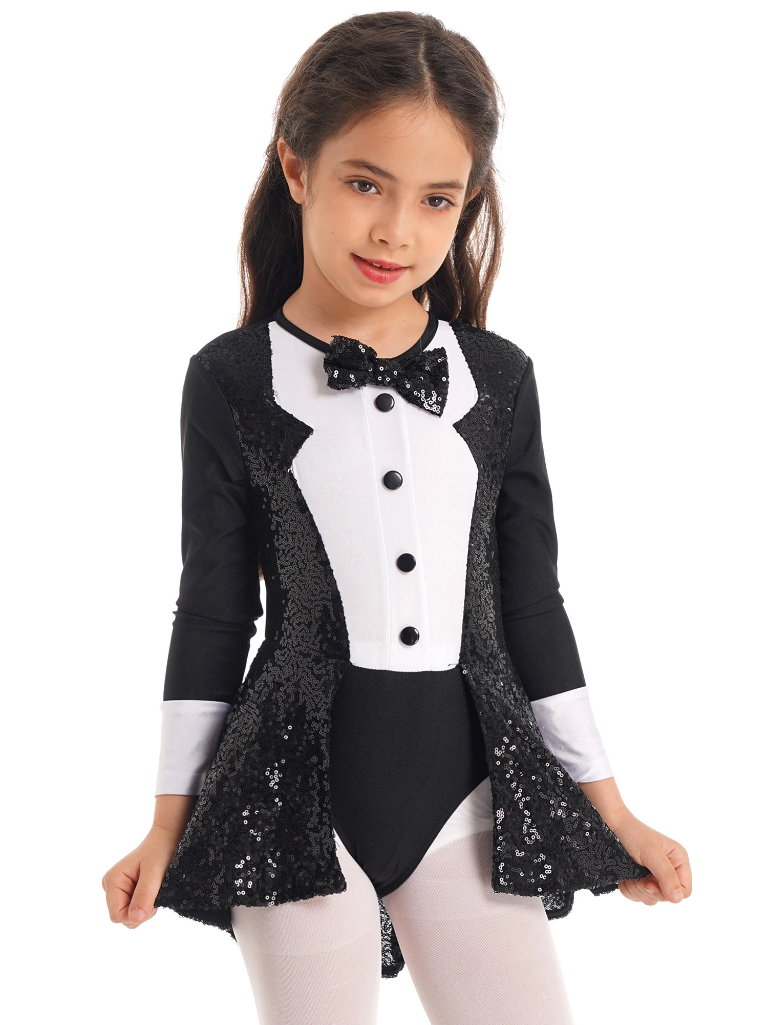 Kids Girls Sequins Leotard Ballroom Dance Dress Round Neck Dancewear Adorned Leotard with Hem Shiny Sequins Modern Jazz Costume