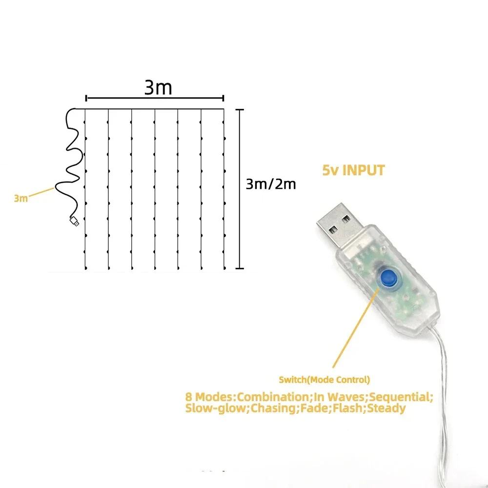 USB Warm White LED String Light 8 Mode Christmas Fairy Garland Curtain Light Decor For Home Holiday Decorative New Year Lamp
