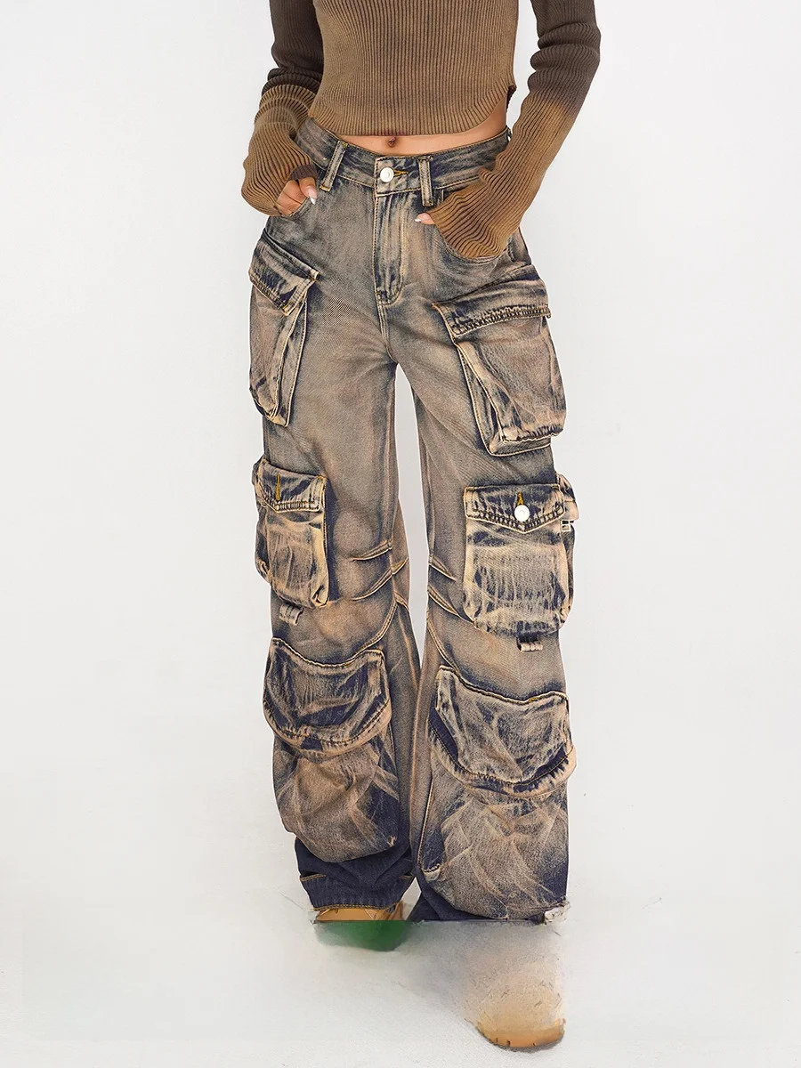 

Nico Molly, женские джинсовые джинсы в американском стиле ретро, рабочая одежда с несколькими карманами, винтажные джинсы свободного покроя с высокой талией