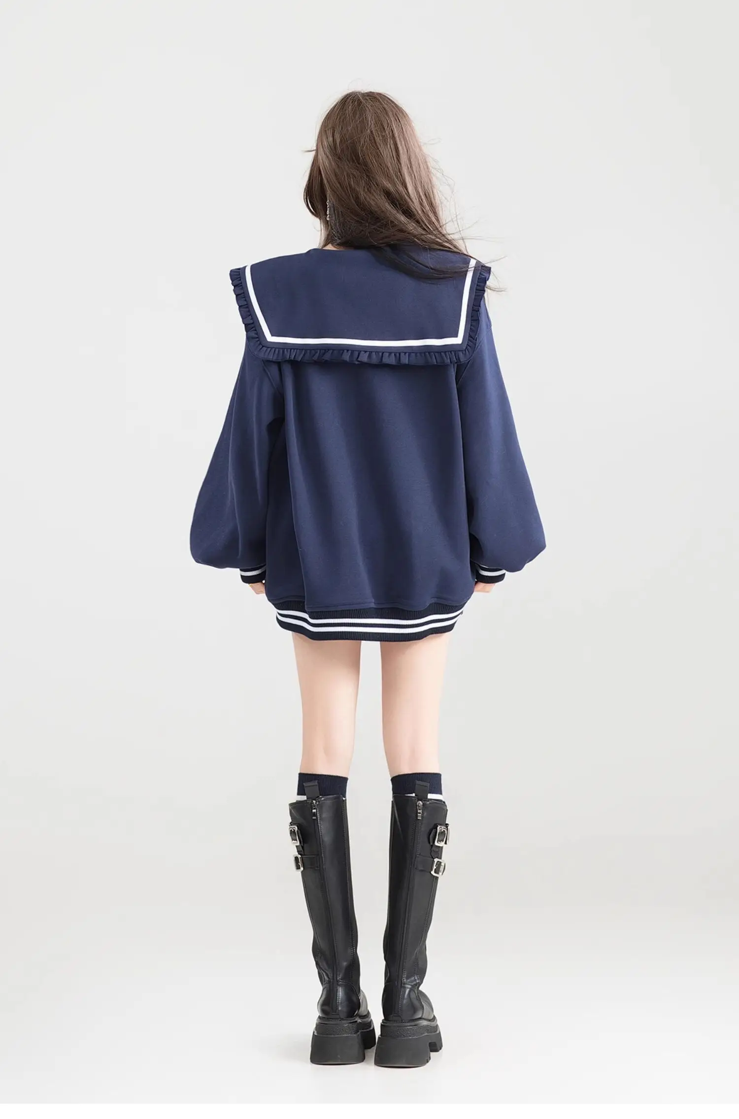 Removable Bow Sweet Single-breasted Navy Collar Jacket Women 2025 Autumn College Style Loose Sweatshirts Top
