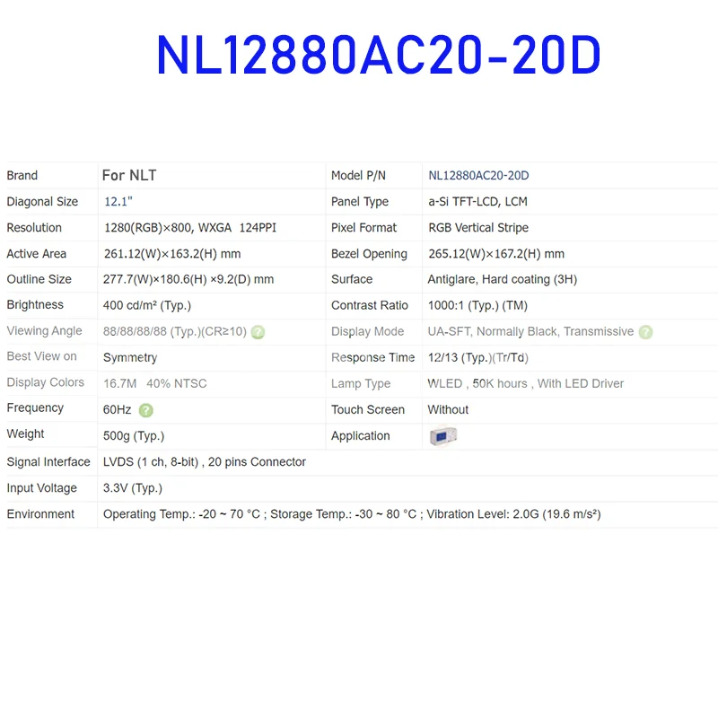 NL12880AC20-20D NLT용 정품 LCD 디스플레이 스크린 패널, 100% 테스트 완료, 신규 및 빠른 배송, 12.1 인치