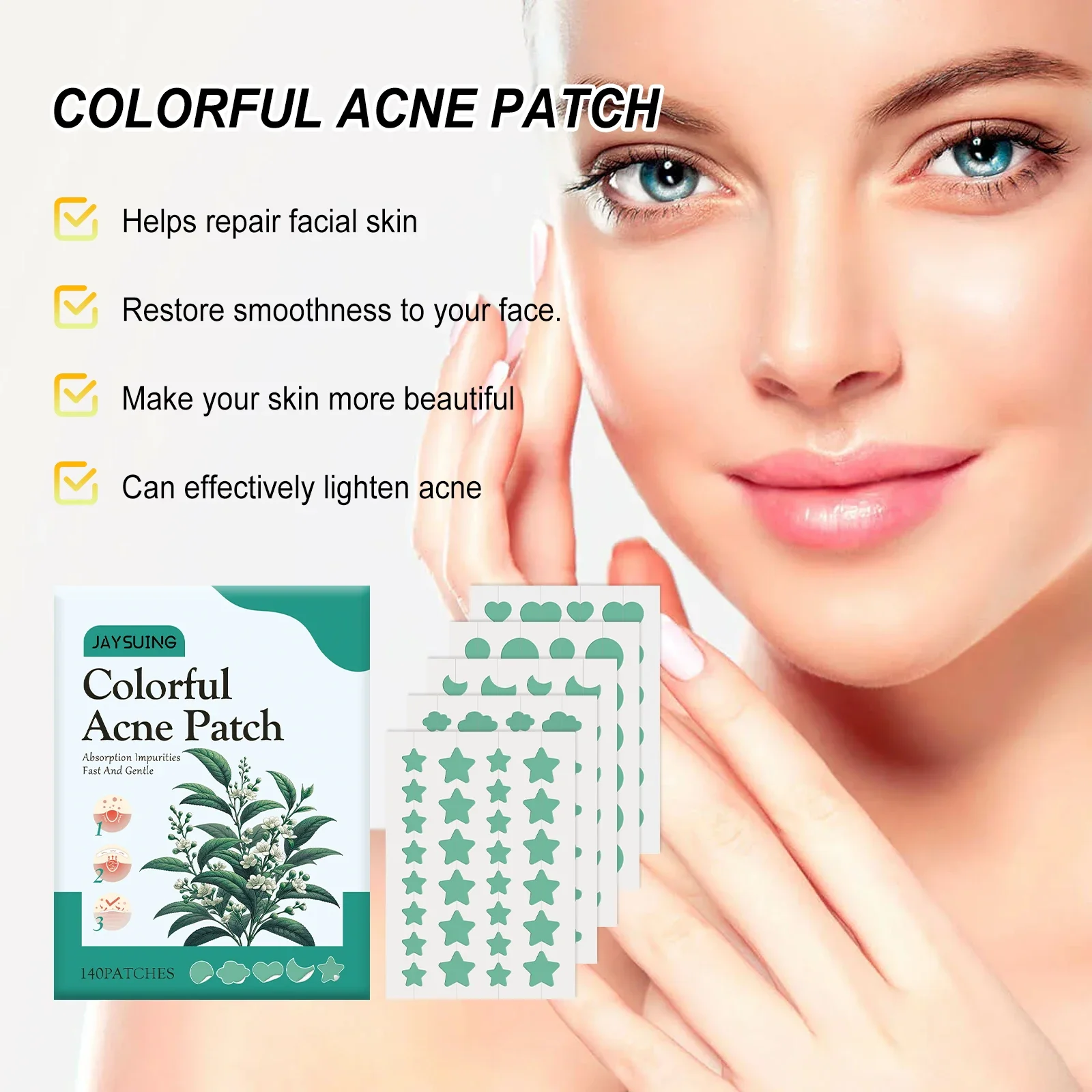 140Pcs Green Acne Patch Reduce Acne And Repair Facial Acne Scars Irregular Shaped Colored Stickers For Facial Skincare