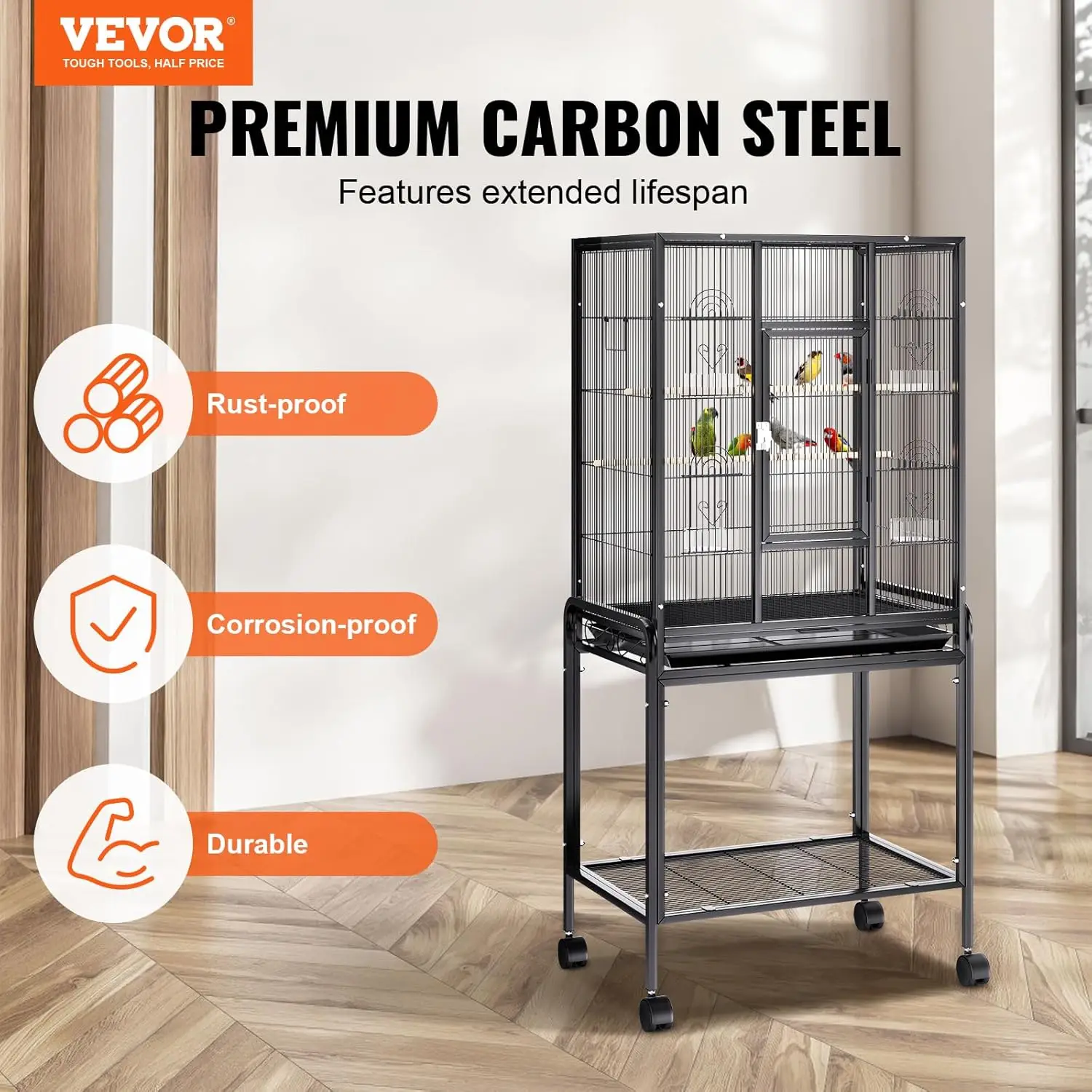 54 Inch Standing Large Bird Cage, Wrought Iron Flight Bird Cage with Rolling Stand and Slide Out Tray