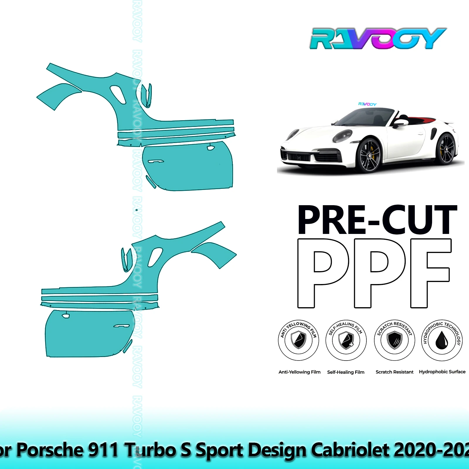 

For Porsche 911 Turbo S Sport Design Cabriolet 2020-2023 8.5mil Pre-Cut PPF Door & A/B Pillar Kit TPU Paint Protection Film Set