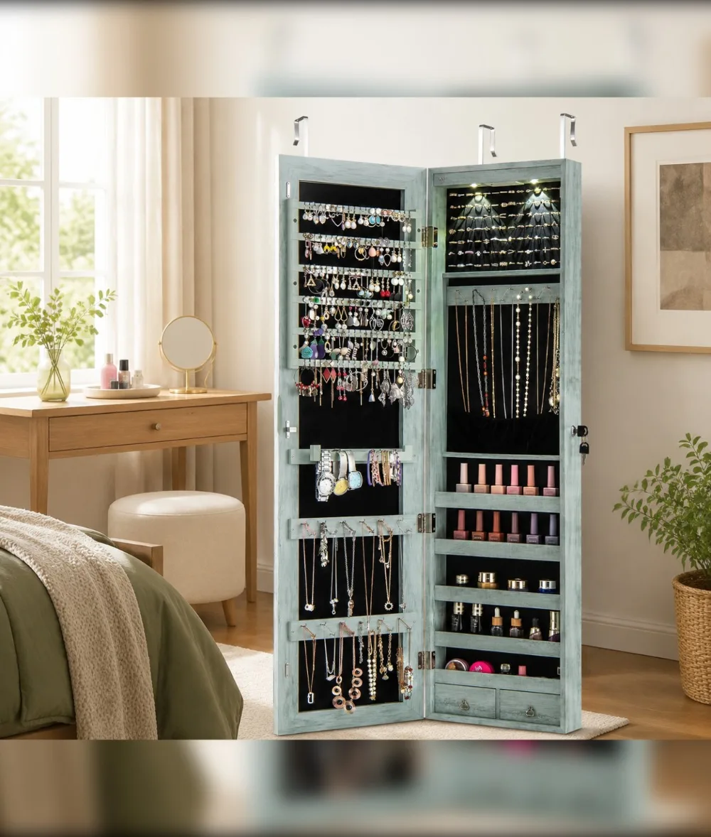 Wall or Door Mounted Jewelry Armoire with Full Length Mirror, Lockable Cabinet, 2 LED Lights, 2 Drawers, Weathered Blue