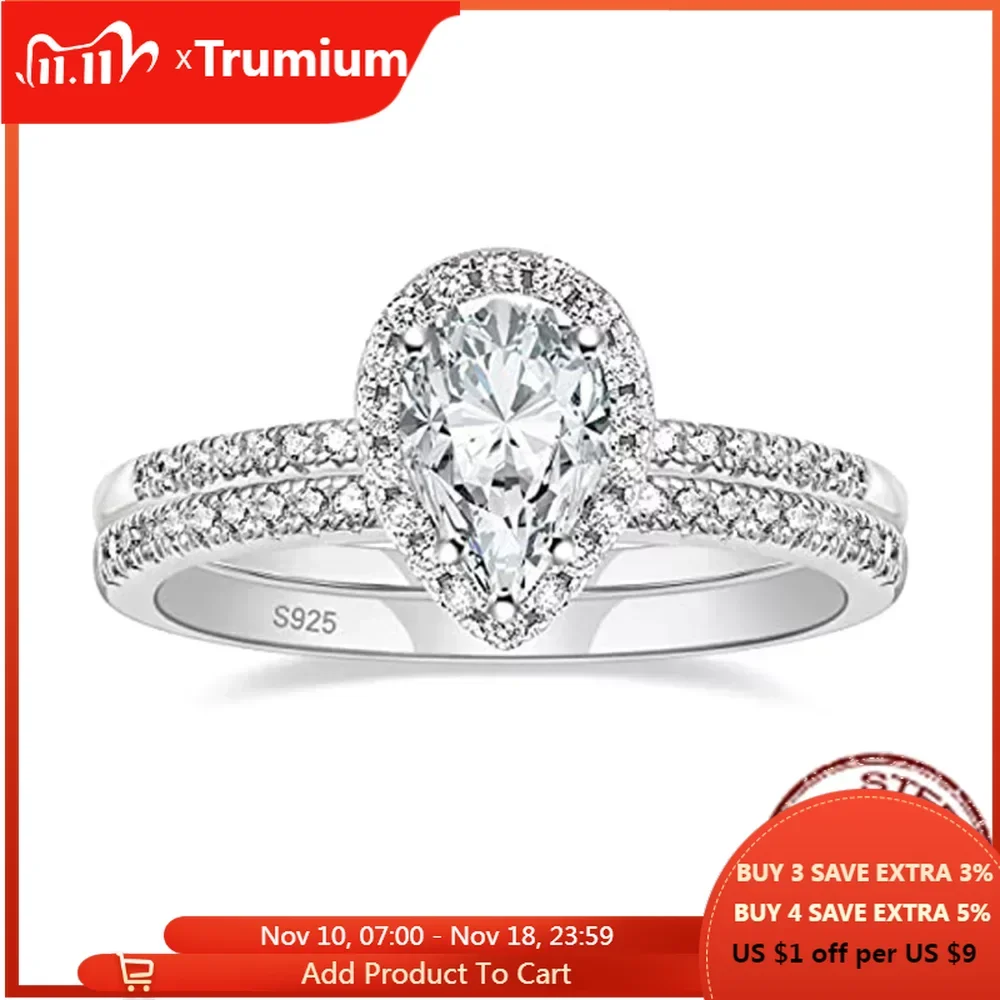 Trumium 1.5CT 925 Sterling Silver Wedding Band Teardrop Bridal Rings Sets Cubic Zirconia Fine Jewelry Promise Women Rings