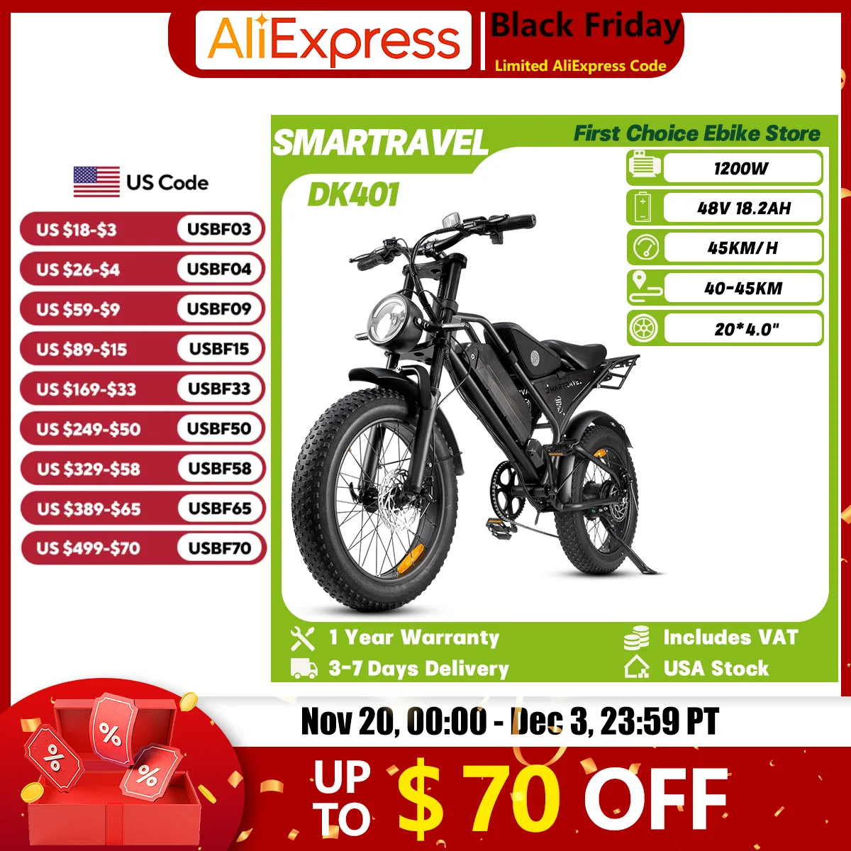 

SMARTRAVEL DK401 Adult Off-Road Ebike 1200W Peak Motor 48V 18.2Ah Battery Mountain Electric Bicycle 20*4.0" Tire Electric Bike