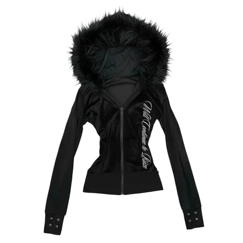 

Y2K Harajuku Gothic Women's Hoodie Sexy Slim Chic Suede Fur Collar Letter Print Cardigan Sweatshirt Aesthetic Female Streetwear
