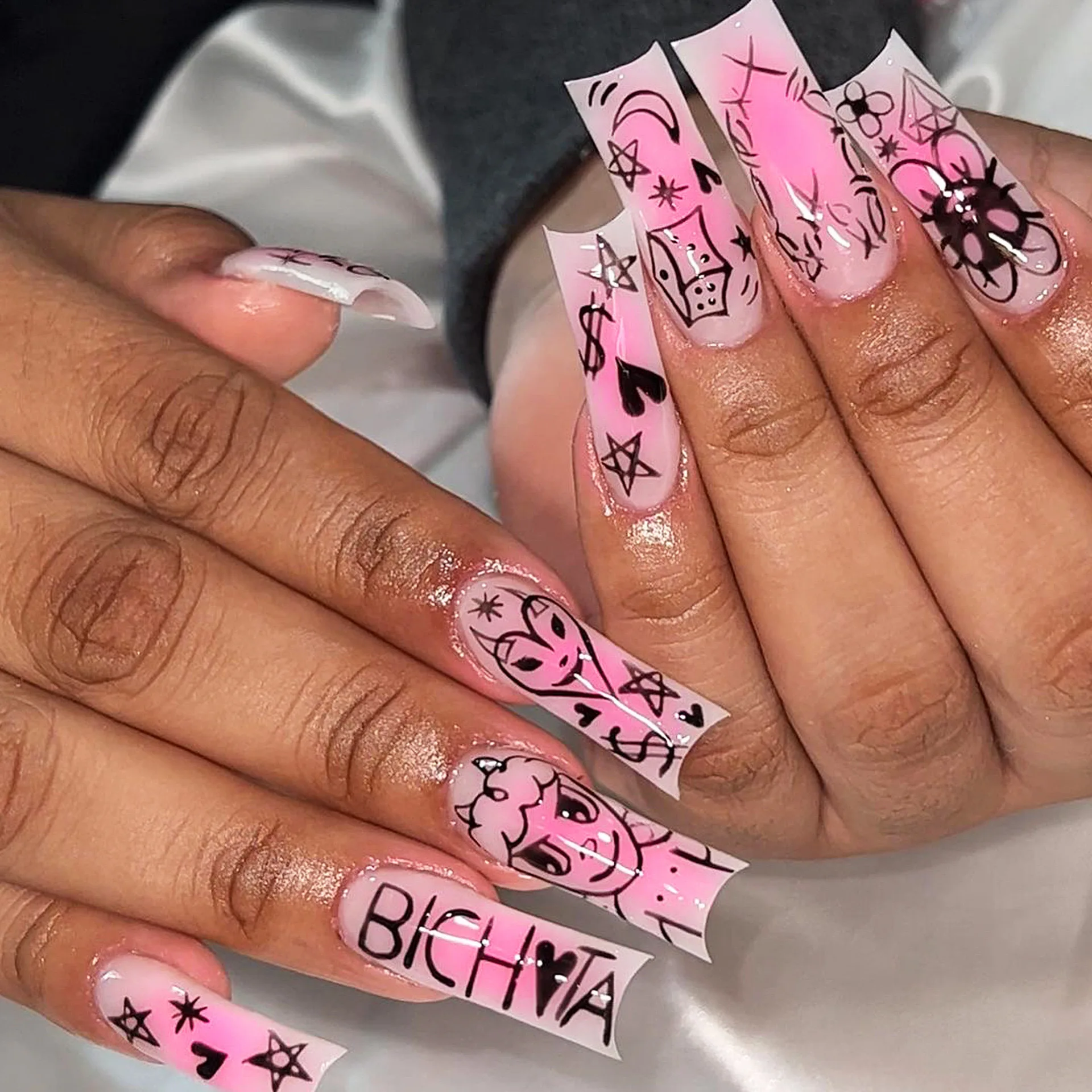 

24PCS Y2k Long Square False Nails Pink Blush Graffiti Star Heart Patterns Fake Nails for Spice Girls Sweet Cool Detachable Nails
