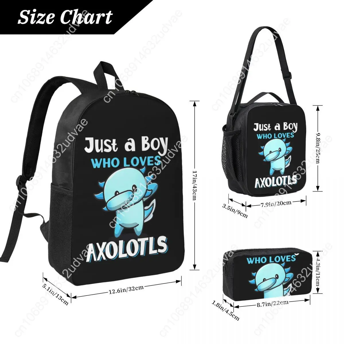 Just A Boy Who Loves Axolotls Backpack Student Boys Girls BookBag School Bag Shoulder Bags 3ps Insulated Lunch Bag Pencil Case