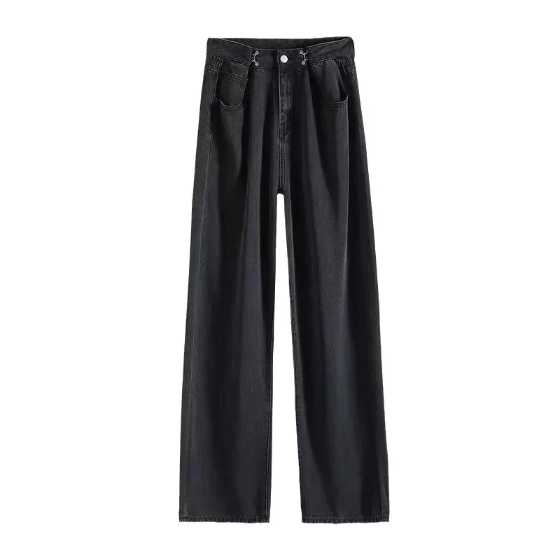 Hohe Taille, verstellbare Taille, Schnalle, Denim-Jeans, Damen, lässig, gerades Bein, weites Bein, bodenlange Hose, Herbst, Schwarz, Grau