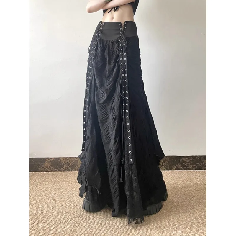 Vintage High Waist Lace-up Black Mid-length Skirt Women 2025 Autumn New Y2K Streetwear Pleated Loose Irregular A-line Skirt