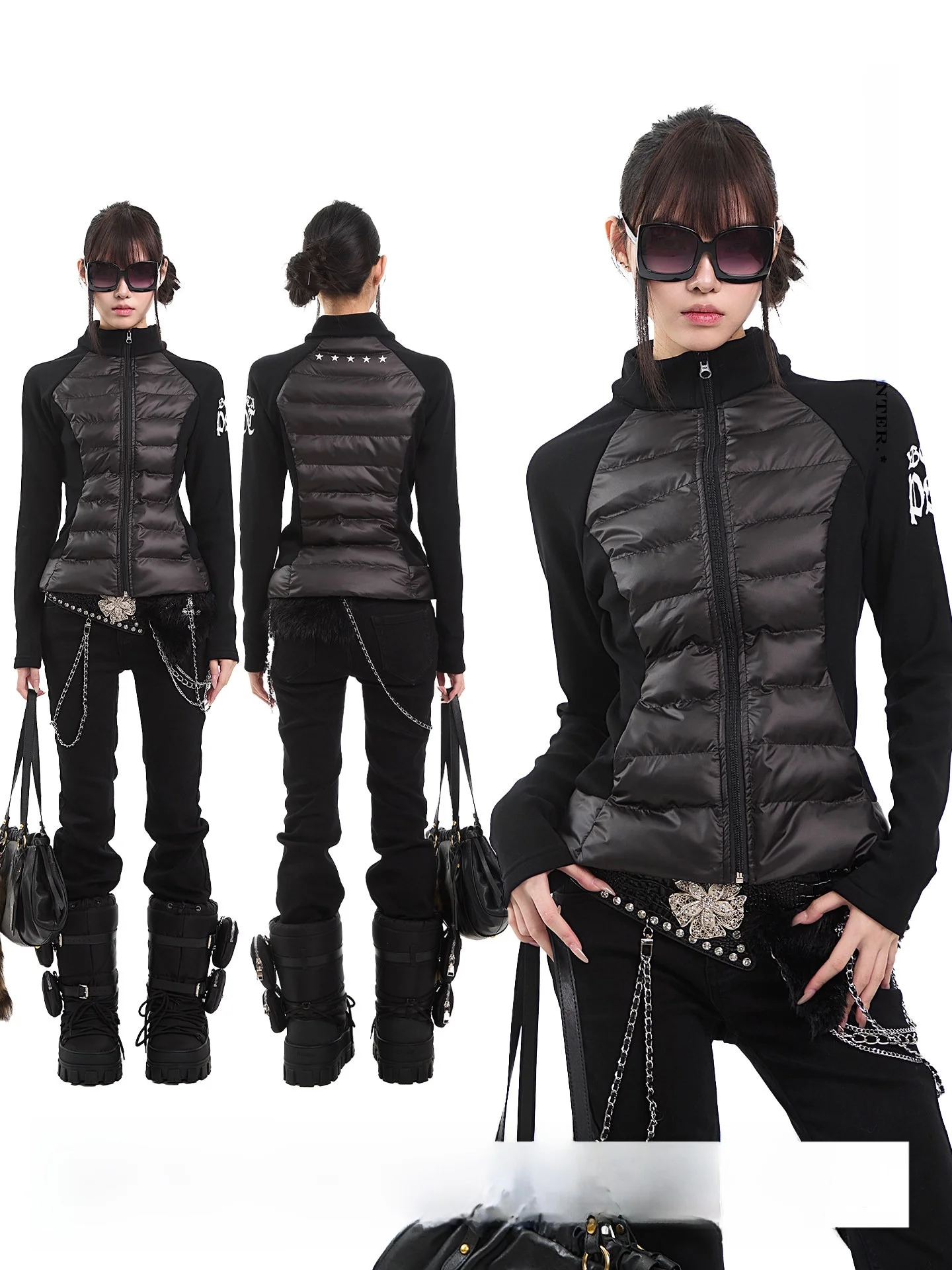 

UNCMHISEX Street Sle Women's ort Coat Bla Long Sve Stand Collar Patchwork Cotton Warm Outerwear Slim Fit Winter Jaet