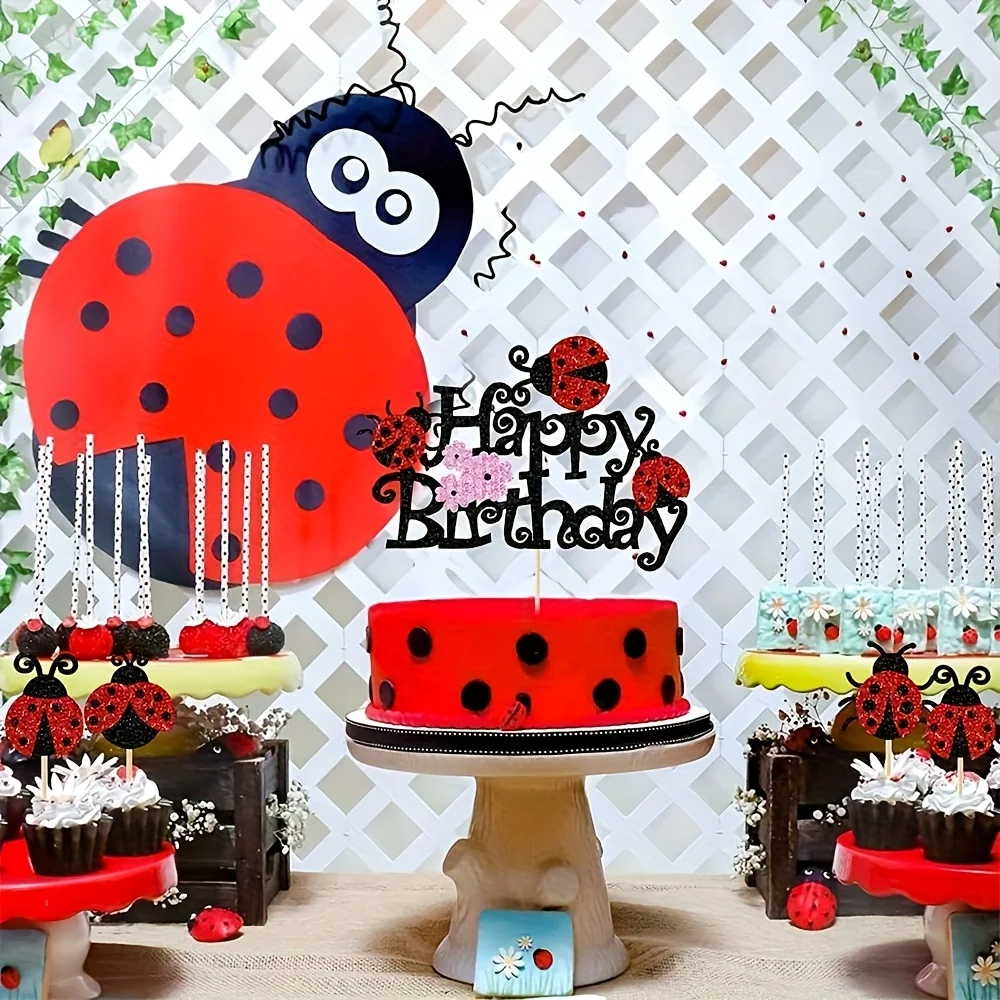 Ladybug Cupcake Toppers Flowers Insects Cupcake Picks Garden Theme Baby Shower Kids Birthday Party Cake Decorations Supplies - view 4
