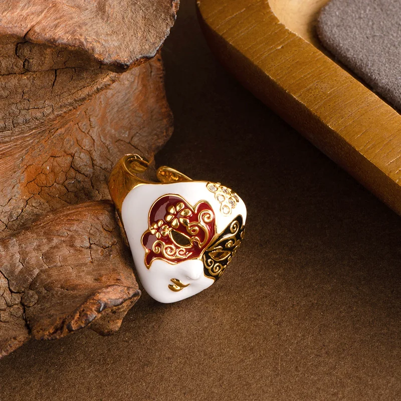 Fashion Creative New Chinese Style Peking Opera Mask Adjustable Open Ring Luxury High‑End Hand Jewelry for Women