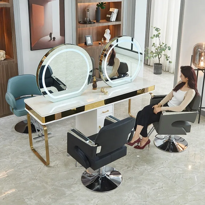 Beauty Salon Hair Dressing LED mirror makeup station 4 person Round Mirror table