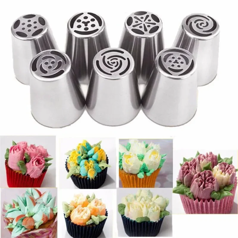 7pcs Russian Pastry Nozzles For Cream Icing Piping Nozzles Cake Decoration Tips Leaf Tulip Rose Cake Nozzles Tips Confectionery