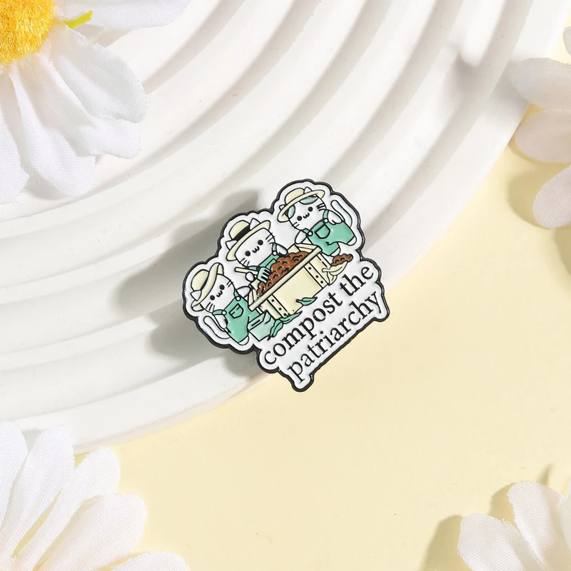 Compost The Patriarchy Enamel Pin Feminist Humor Cats Doing Compost Work Brooch Backpack Lapel Badge Jewelry Gift for Women Girl