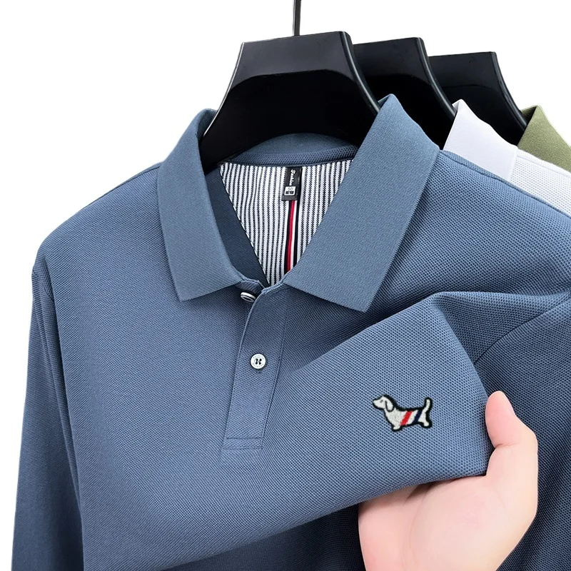 100% القطن الخالص ماركة الرجال الراقية جديد الخريف قميص بولو بأكمام طويلة فرشاة الأسنان العصرية الكلب التطريز جولف علوي عادية b