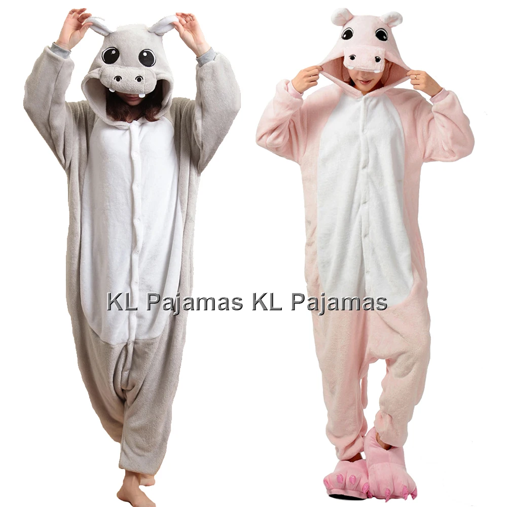 Erwachsene Tier Nilpferd Onesies Cartoon Cosplay lustige Pyjamas Kigurumi Unisex Frau Overalls Winter warme Flanell einteilige Nachtwäsche