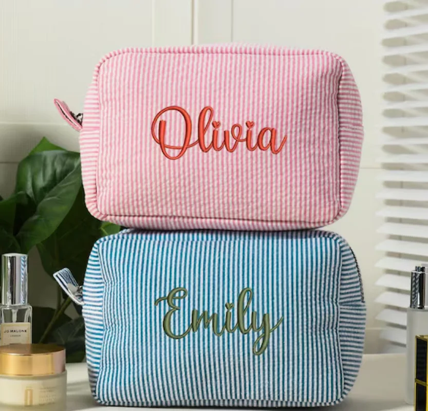 Personalized Printing Bridesmaid Makeup Bag Customized Seersucker Makeup Bag Name Letter Makeup Bag Bridesmaid Gift