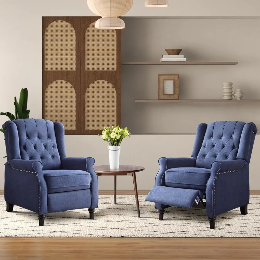 Wingback Chairs Set of 2, Mid Century Modern Living Room Chairs, Button-Tufted Back, Solid Wood Legs, Blue, Living Room Chairs