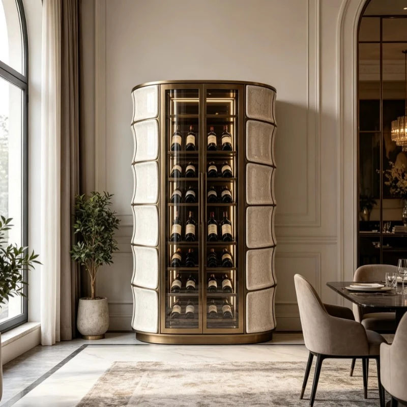 Tempered glass door wine cabinet curved crack texture brass frame