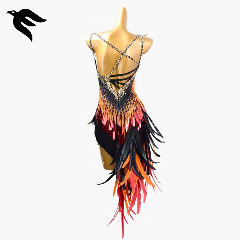 Latin Dance Clothes Sports Party Dress Practice Wear Stage Imitation Diamond Feather Skirt Competition Costume For Prom Suit