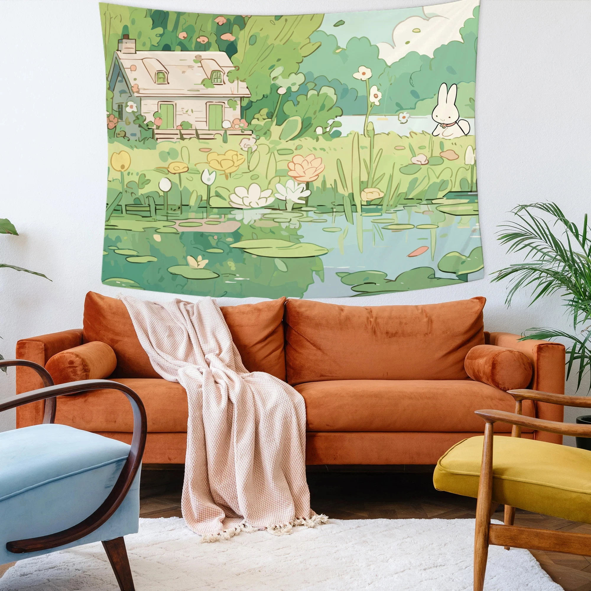 

Настенный гобелен с кавайным кроликом, гобелен с мультяшными животными, милые настенные гобелены с зелеными растениями и цветами, декор для спальни, подарок на день рождения