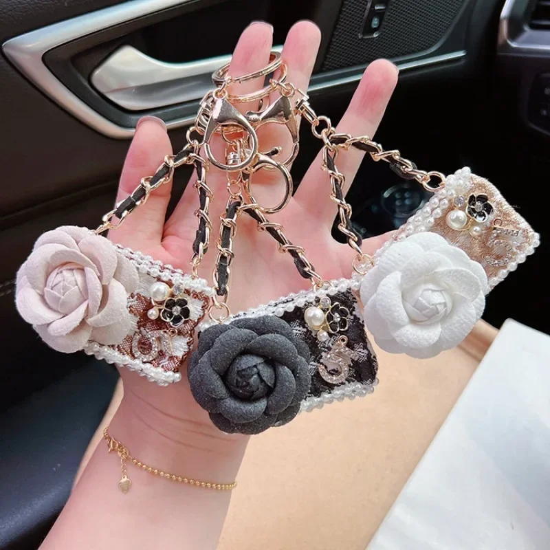 Fashion Camellia Mobile Bag Model Car Keychain Pendant Metal Car Hanging Decoration Accessories Bag Ornamen Gift Women