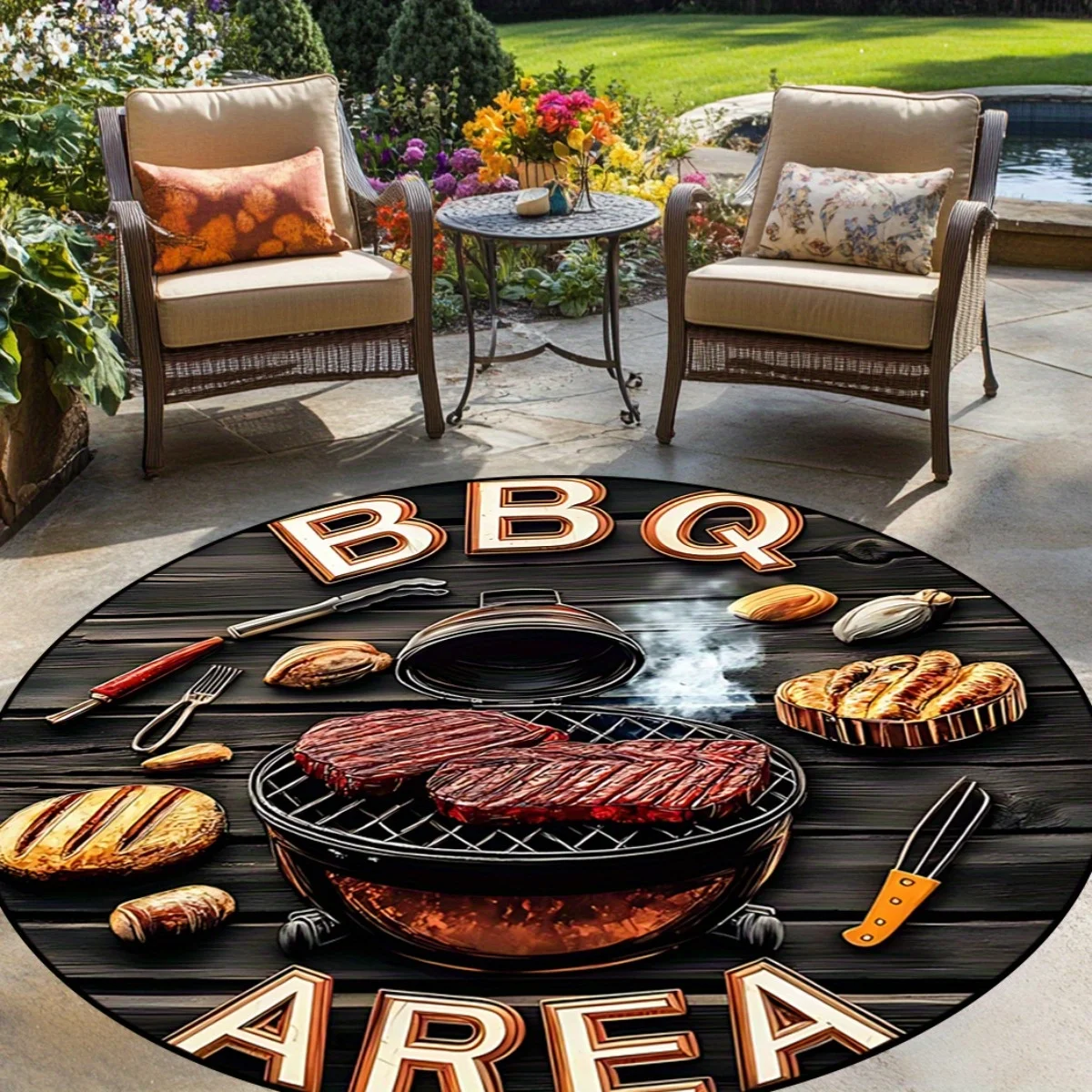 3D Wood Grain BBQ Grill Steak Bread Round Rug, Barbecue Area Themed Floor Mat for Patio Backyard Kitchen Dining Room Indoor