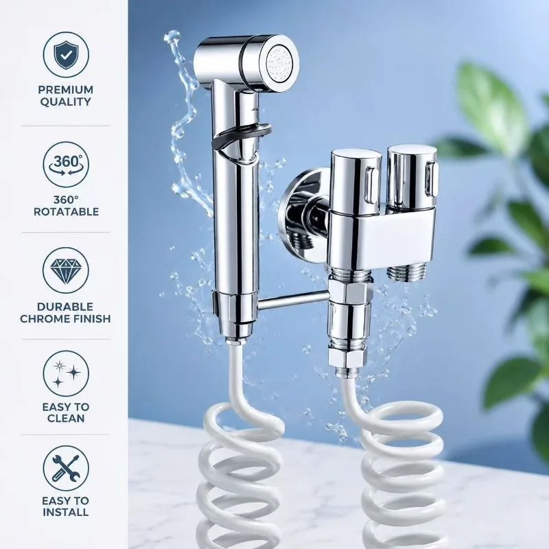 Stainless Steel Toilet Sprayer Kit 1 In 2 Out Angle Valve Bidet Spray Gun Bathroom Flush Washing Sprayer Set